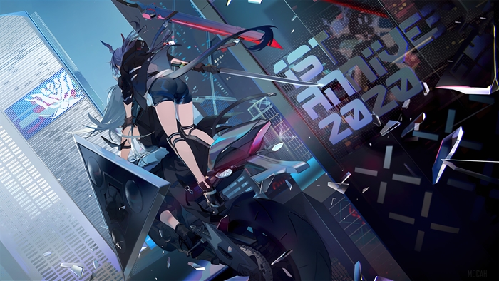Hoshiguma from Arknights on a motorcycle 4K