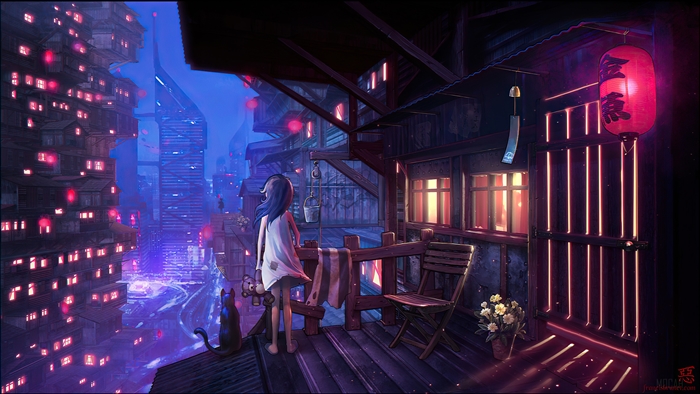 Girl and cat on a balcony overlooking a futuristic city at night