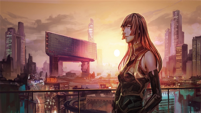 Futuristic Cityscape with Anime Girl at Sunset 4K