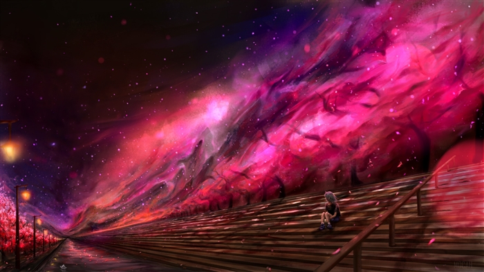 Girl on Steps Under Nebula and Cherry Blossoms 4K