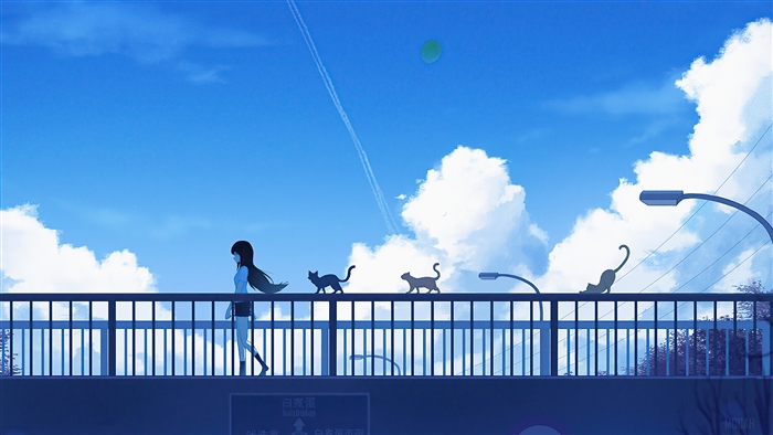 Anime girl walking on a footbridge with cats