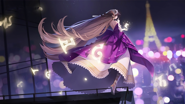 Girl in purple dress with glowing symbols in Paris 4K