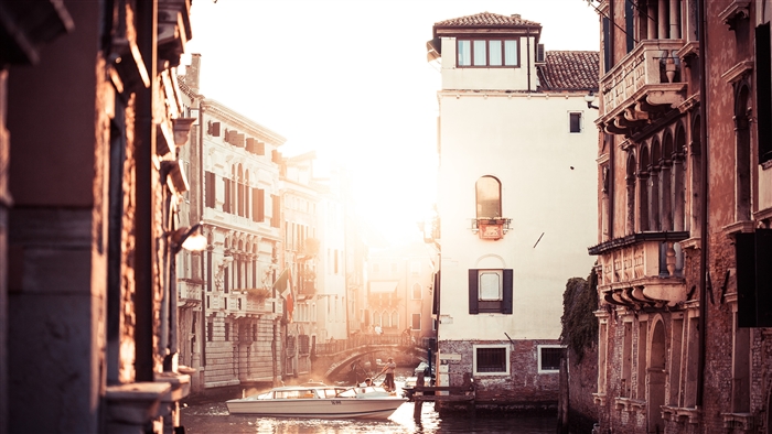 Motorboat on a canal in Venice, Italy 4K