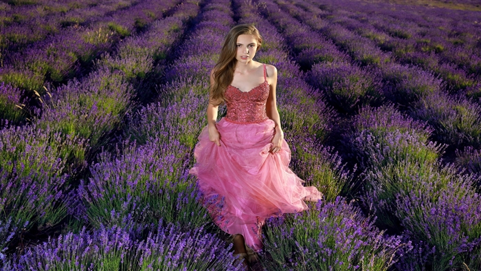 Girl in Pink Dress in Lavender Field 4K