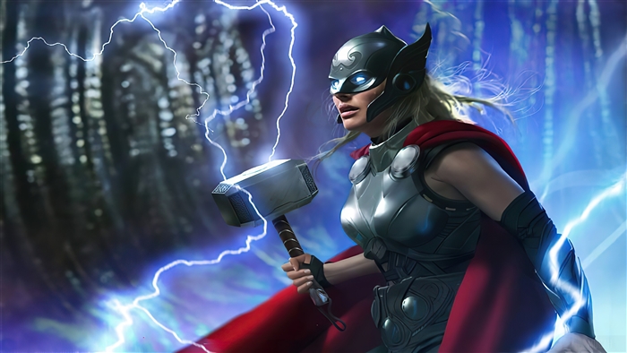 Jane Foster as Thor with Mjolnir and lightning 4K