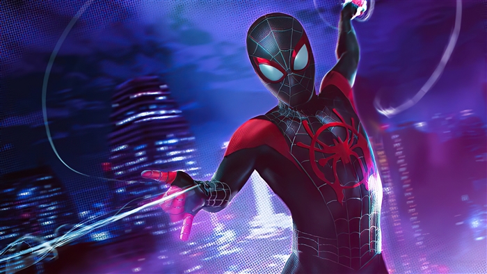Spider-Man (Miles Morales) swinging through a city at night