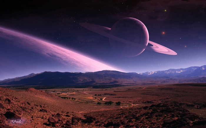 Alien Landscape with Ringed Planet and Starry Sky