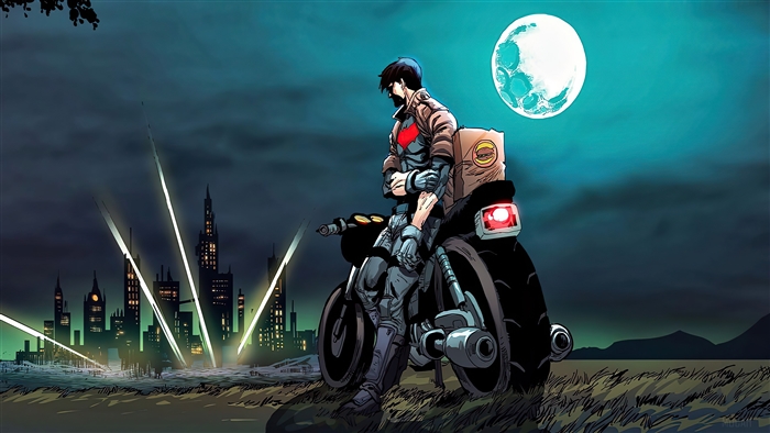 Robin on a motorcycle in front of a city skyline