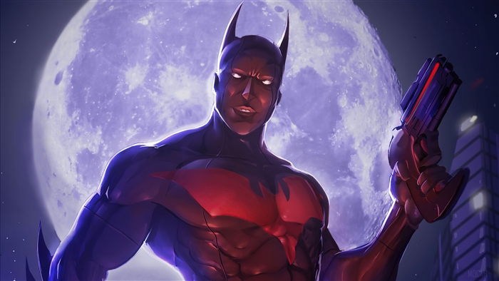 Batman Beyond holding a futuristic gun with moon in background 4K