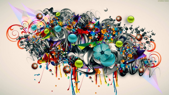 Abstract 3D art with colorful elements and spheres