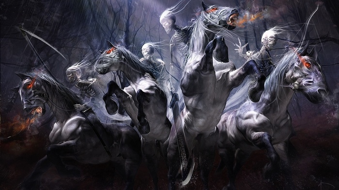 Four Horsemen of the Apocalypse riding through a dark forest