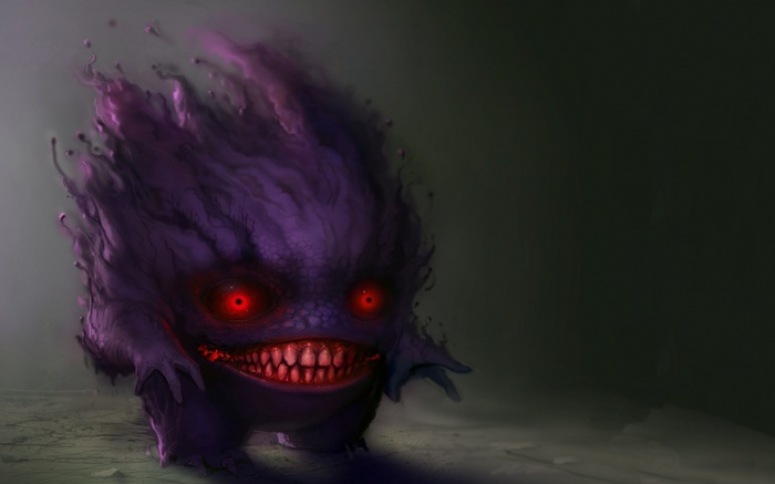 A terrifying Gengar with glowing red eyes and sharp fangs