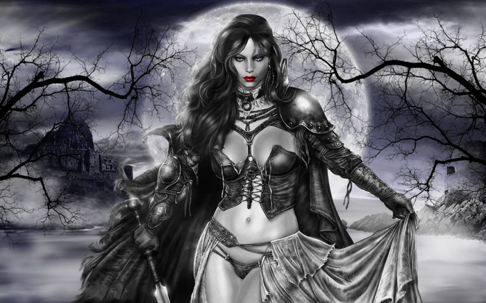 Gothic Vampire Woman under Full Moon