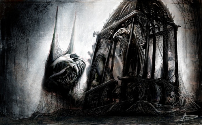 Gothic Horror Art of a Monster Skull and Cage