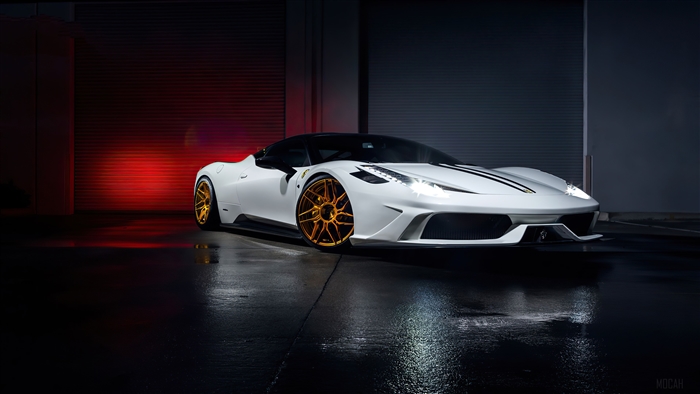 White Ferrari 458 Italia with Gold Wheels 4K