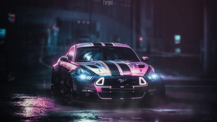 Ford Mustang GT with racing stripes in the rain