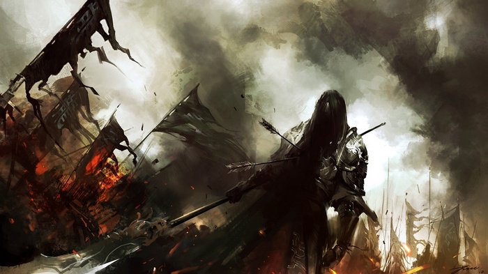 Warrior with arrows in a burning battlefield with flags