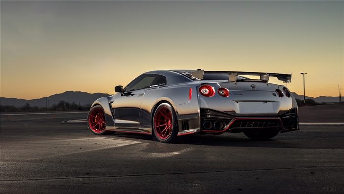 Grey Nissan GTR with Red Wheels at Sunset 4K