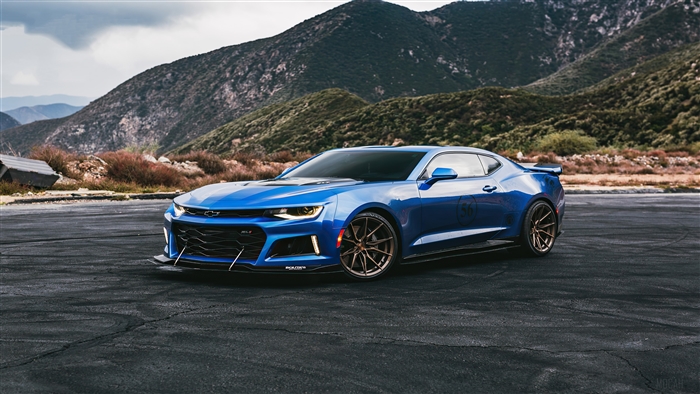 Blue Chevrolet Camaro ZL1 with Mountain Background 4K