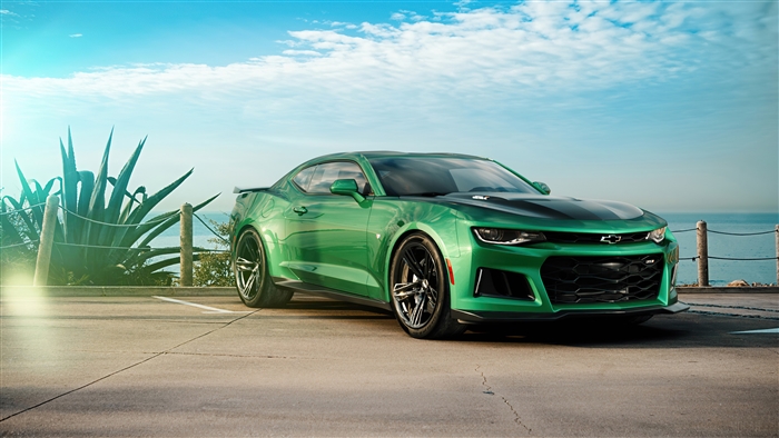 Green Chevrolet Camaro SS with Black Hood 4K