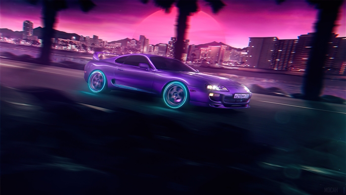 Purple Toyota Supra with Neon Wheels on City Road 4K