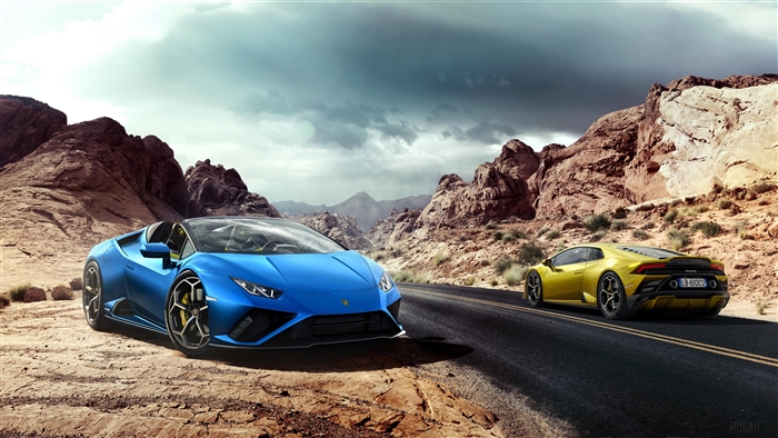 Blue and yellow Lamborghini Huracan Evo Spyder 2020 4K