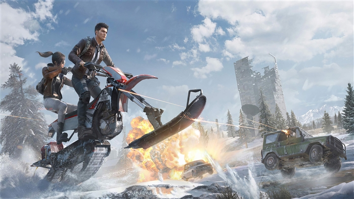 PUBG characters on snowmobile and jeep in battle 4K