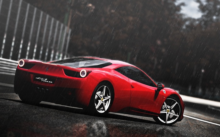 Red Ferrari 458 Italia on a wet track in the rain