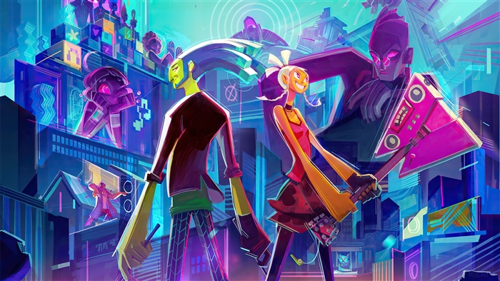 Characters from No Straight Roads in a neon city