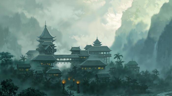 Misty Asian temple complex nestled in mountains