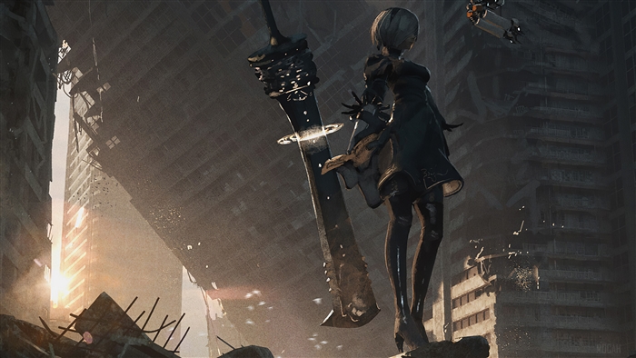 2B from Nier Automata in a ruined city 4K
