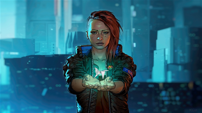 Woman holding origami crane in Cyberpunk 2077 4K