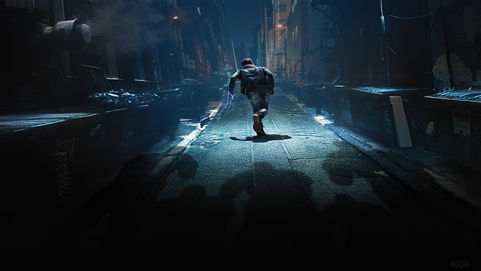 Man running in alley with lightning