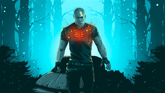 Vin Diesel as Bloodshot in a forest