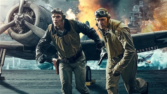 Two pilots on the deck of an aircraft carrier during battle