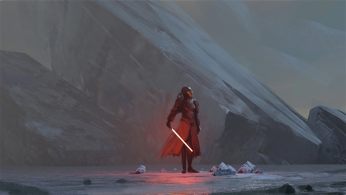 Sith Lord with Lightsaber in Snowy Landscape 4K