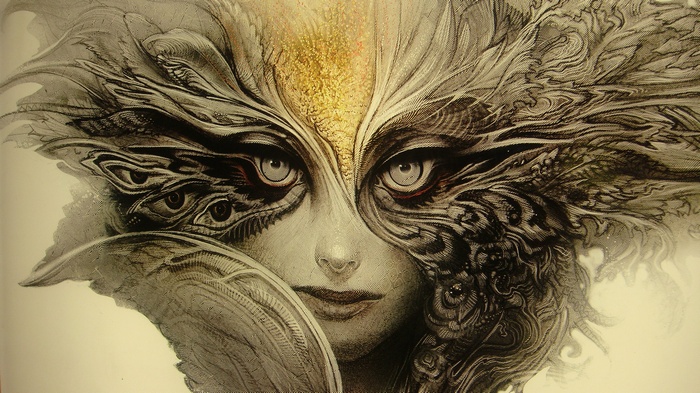 Fantasy creature with multiple eyes and golden headdress