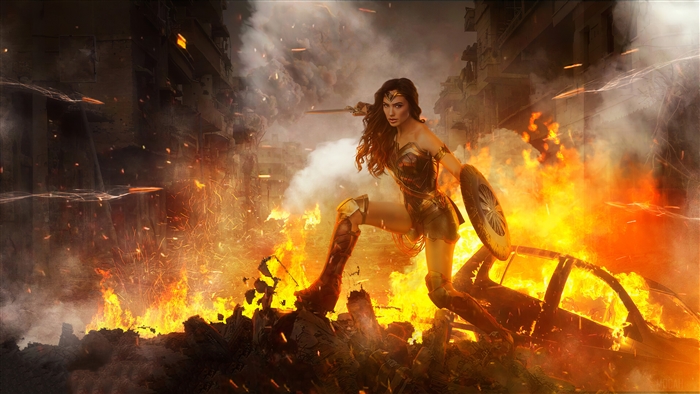 Wonder Woman in a burning city