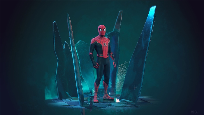 Spider-Man standing among broken glass shards
