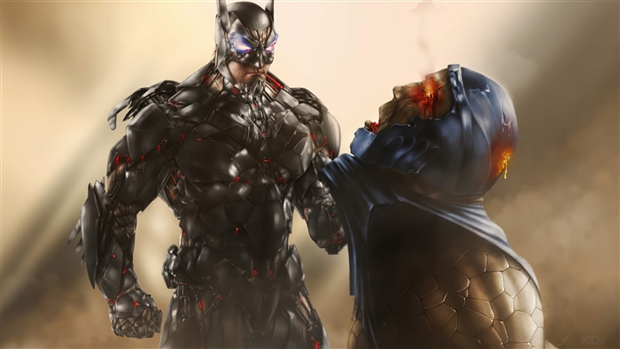 Batman from DC Comics in a dark suit fighting Darkseid