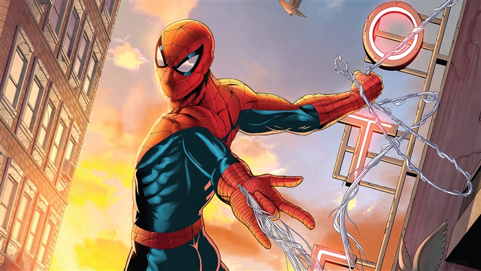 Spider-Man swinging at sunset