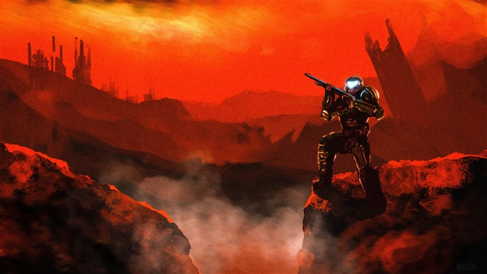 Doom Slayer in a desolate landscape