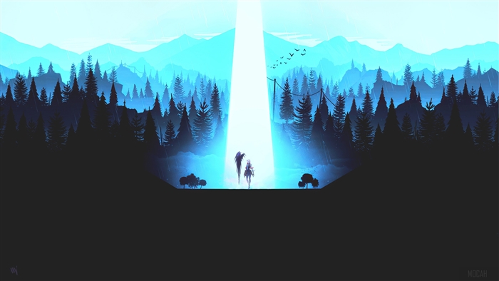 Two figures in a beam of light in a forest