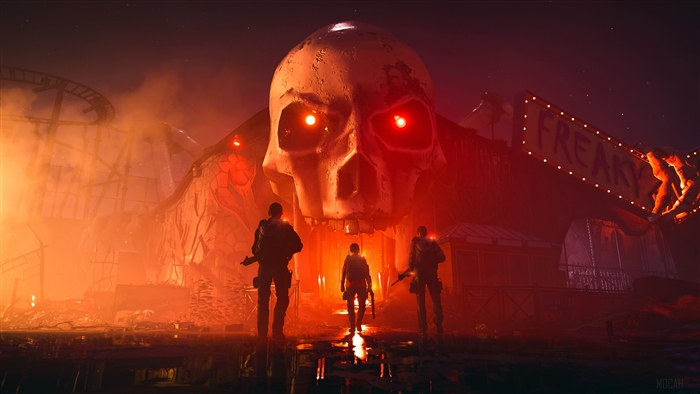 Three soldiers in front of a giant skull entrance at night