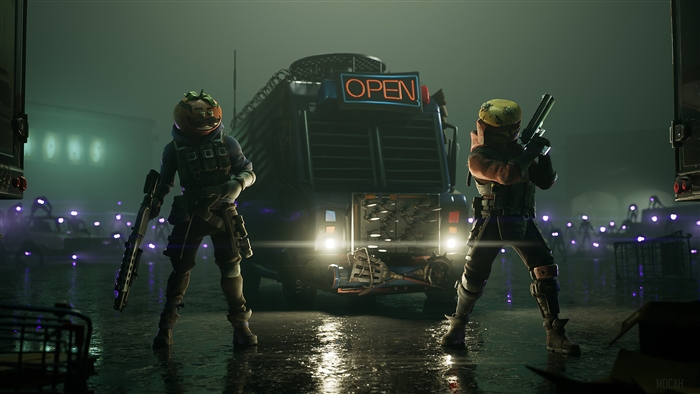 Fortnite characters with guns in front of a truck