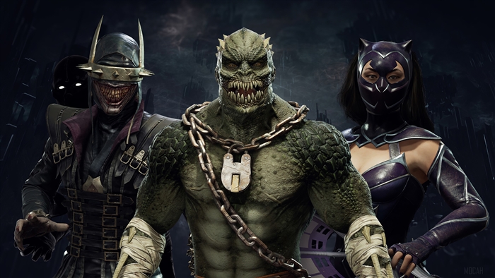 The Batman Who Laughs, Killer Croc, and Catwoman from DC Elseworlds Skin Pack in Mortal Kombat 11 4K