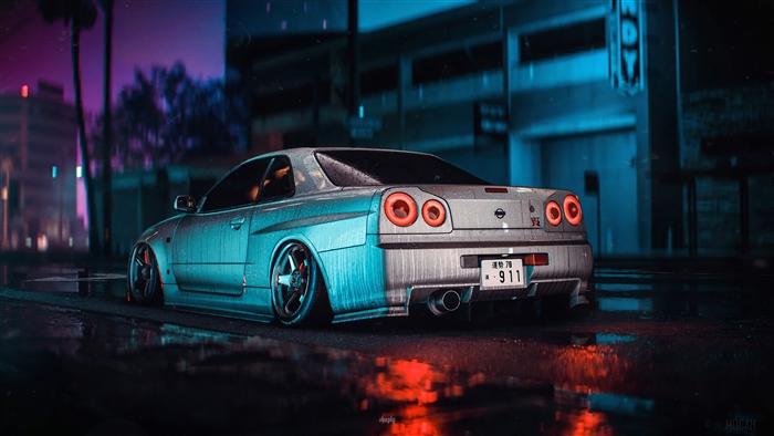Nissan Skyline GT R R34 in Neon Night 4K