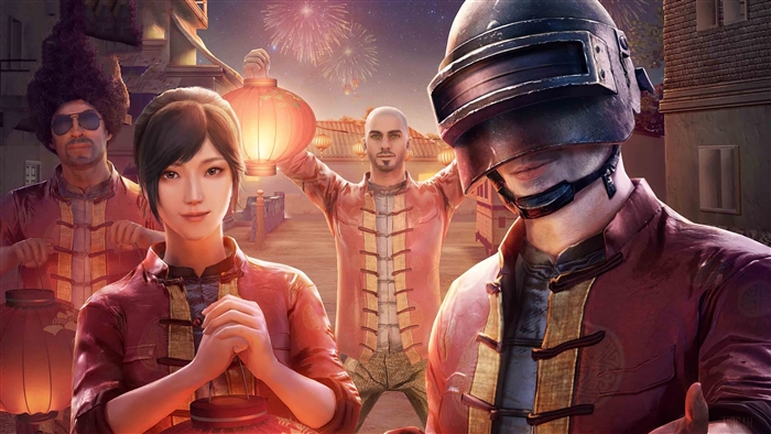 PUBG characters celebrating with lanterns and fireworks