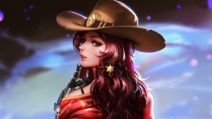 Female character from Overwatch wearing a cowboy hat