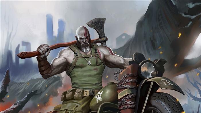 Kratos from God of War on a motorcycle